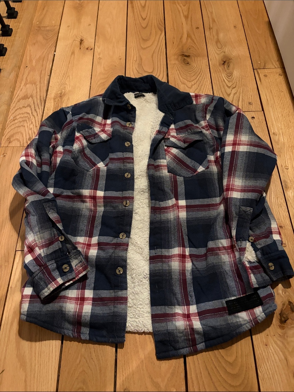 Buffalo David Bitton Navy and Burgundy Plaid Sherpa-Lined Shirt Jacket